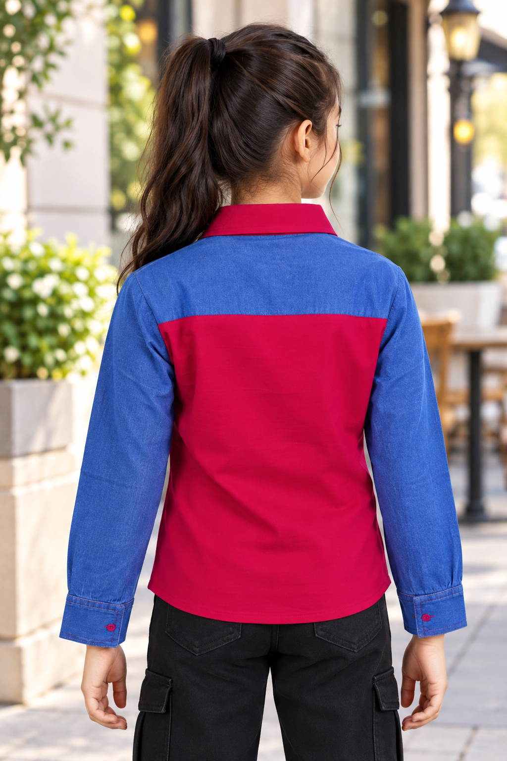 8034PL Girls Red & Denim Blue Contrast Full-Sleeve Shirt with Floral Pocket – Premium Imported Fabric 8034PL-394-RANI - Image 3