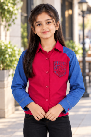 8034PL Girls Red & Denim Blue Contrast Full-Sleeve Shirt with Floral Pocket – Premium Imported Fabric 8034PL-394-RANI