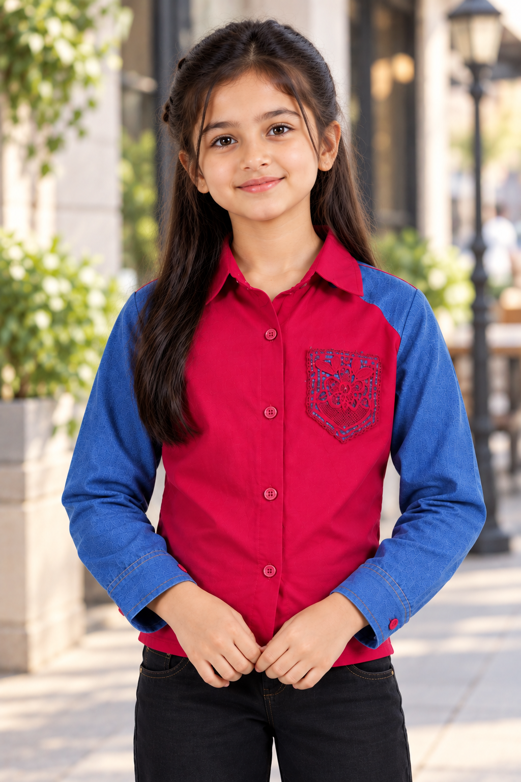 8034PL Girls Red & Denim Blue Contrast Full-Sleeve Shirt with Floral Pocket – Premium Imported Fabric 8034PL-394-RANI