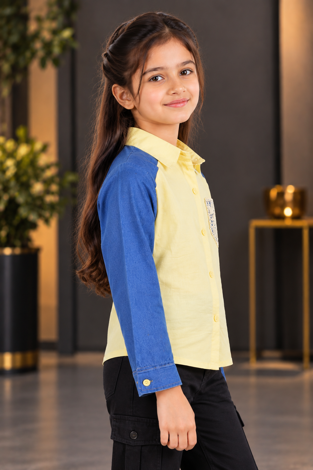 8034PL Girls Lemon Yellow & Denim Blue Contrast Full-Sleeve Shirt with Designer Pocket – Premium Imported Fabric 8034PL-394-YLW - Image 3