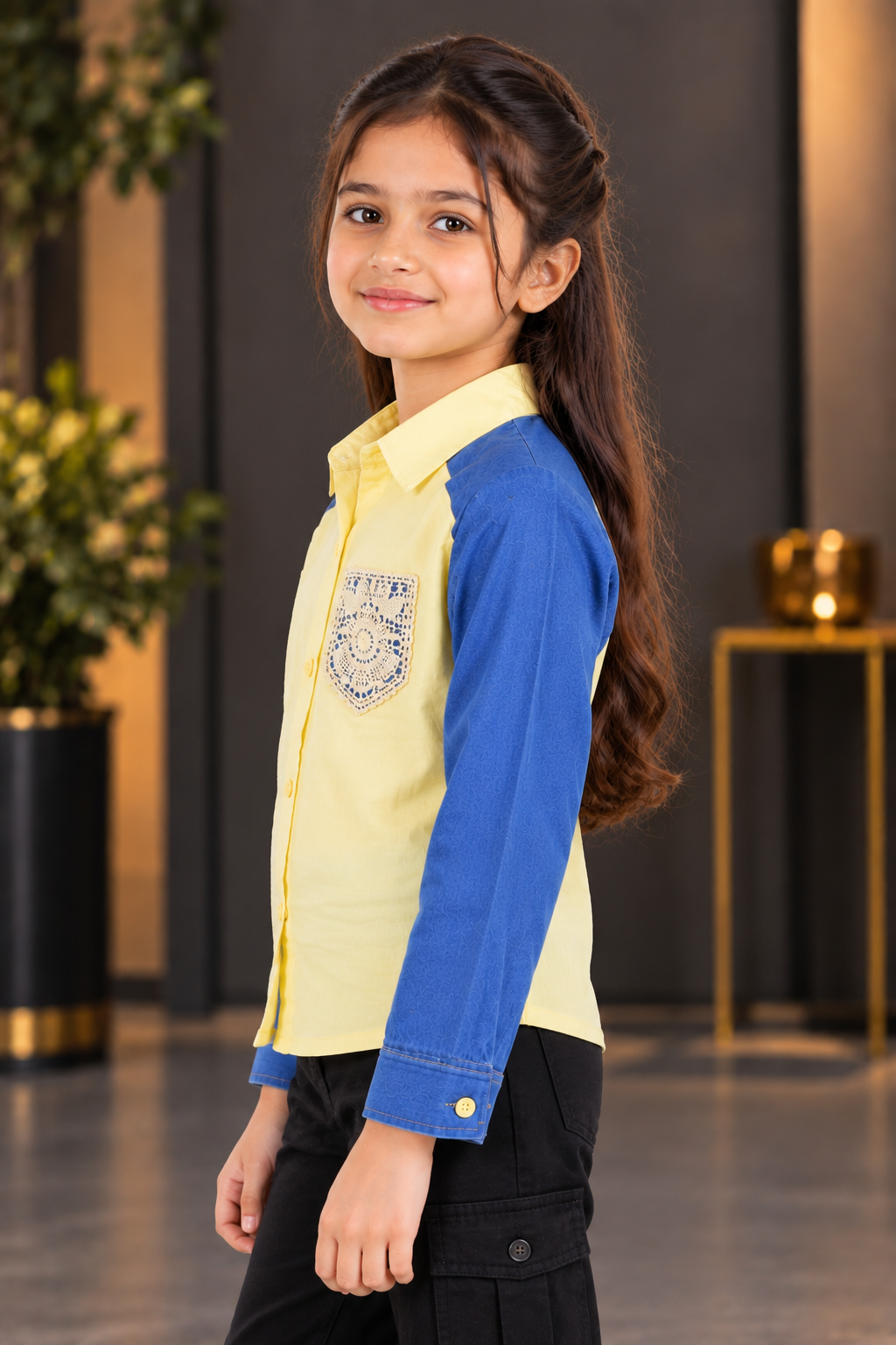 8034PL Girls Lemon Yellow & Denim Blue Contrast Full-Sleeve Shirt with Designer Pocket – Premium Imported Fabric 8034PL-394-YLW - Image 2