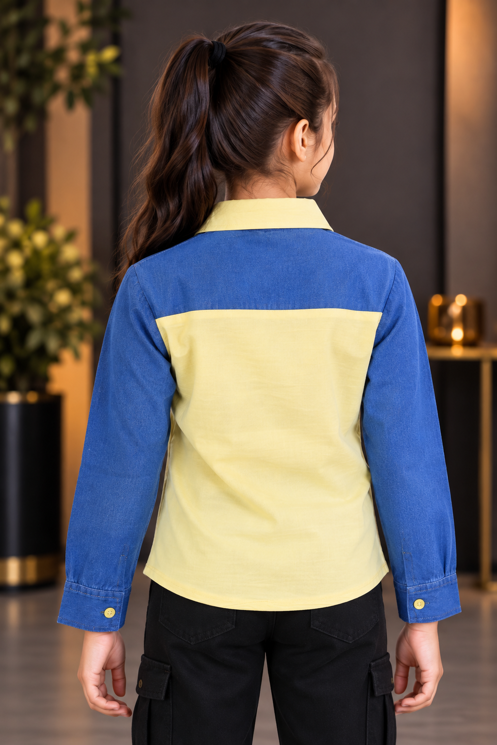 8034PL Girls Lemon Yellow & Denim Blue Contrast Full-Sleeve Shirt with Designer Pocket – Premium Imported Fabric 8034PL-394-YLW - Image 4