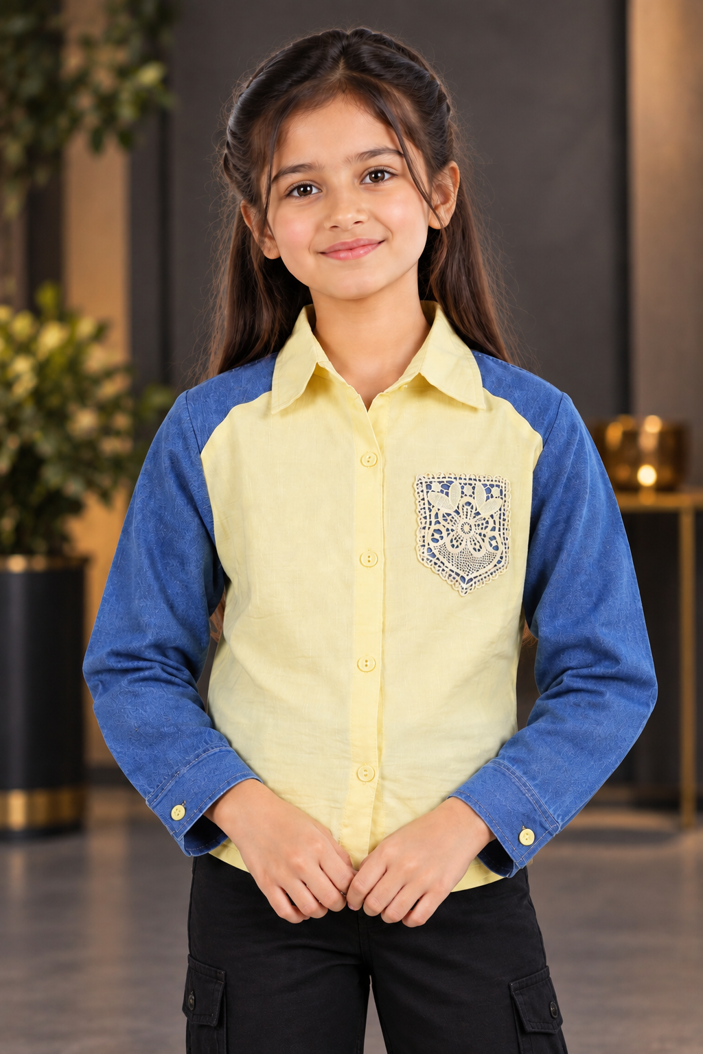 8034PL Girls Lemon Yellow & Denim Blue Contrast Full-Sleeve Shirt with Designer Pocket – Premium Imported Fabric 8034PL-394-YLW