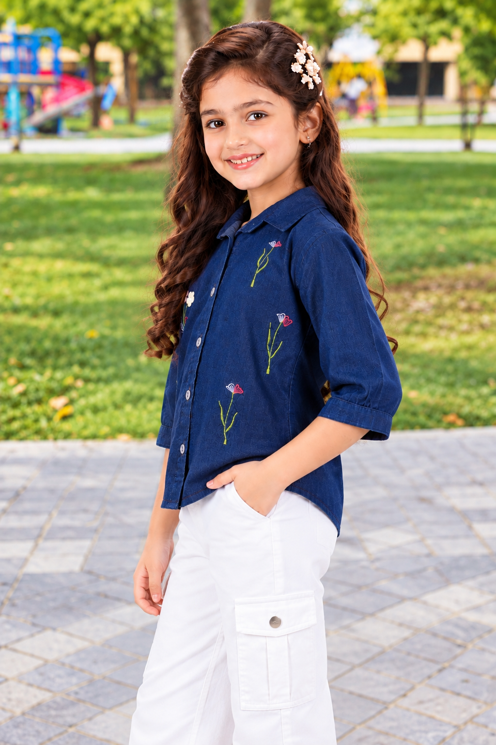 90587DNM Girls Navy Blue Floral Embroidered Button-Down Top – Premium Imported Fabric 90587DNM-394-D BLU - Image 4