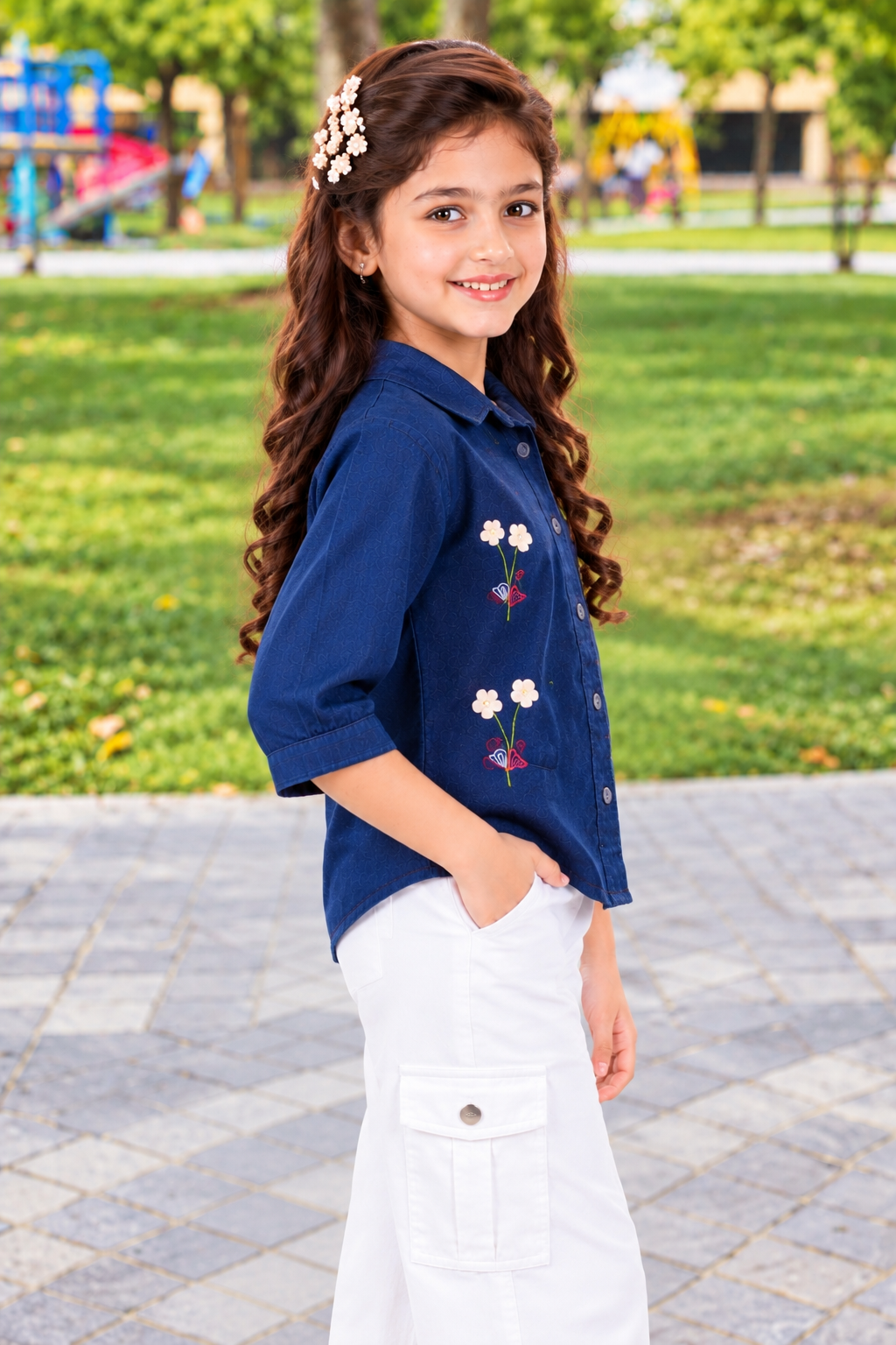 90587DNM Girls Navy Blue Floral Embroidered Button-Down Top – Premium Imported Fabric 90587DNM-394-D BLU - Image 3