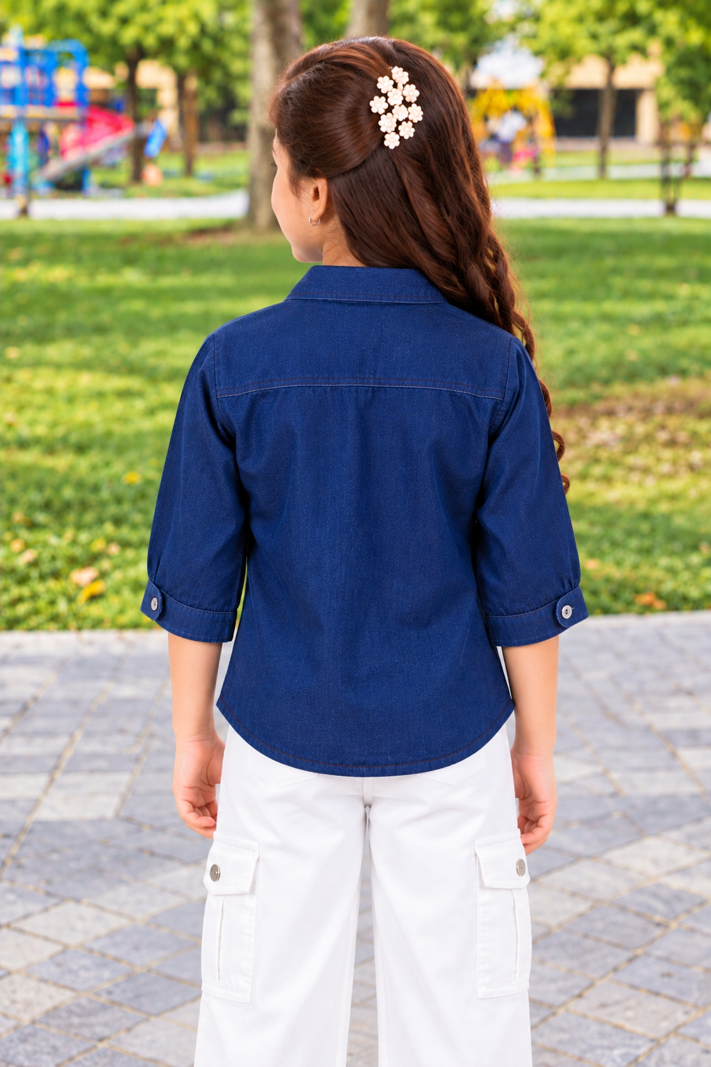90587DNM Girls Navy Blue Floral Embroidered Button-Down Top – Premium Imported Fabric 90587DNM-394-D BLU - Image 2