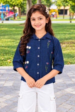90587DNM Girls Navy Blue Floral Embroidered Button-Down Top – Premium Imported Fabric 90587DNM-394-D BLU