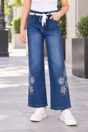 563PL Girls’ Blue Straight Fit Denim Pant with Floral Print 563PL-29-D BLU