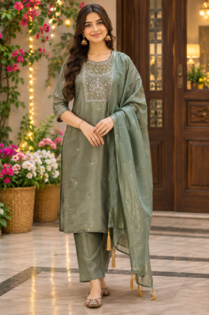 1330CEM Premium Viscose Simmer Jacquard Embroidered Suit Set with Dupatta 1330CEM-454-GRN