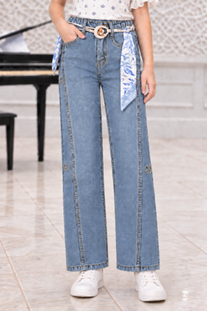 4314PL Girls’ Dark Blue Straight Fit Denim Pant with Printed Side Scarf 4314PL-261-D BLU