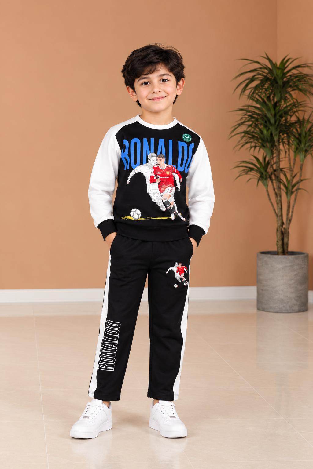 2057PR Boys’ Premium Hosiery Football Graphic Sweatshirt & Track Pant Set 2057PR-183-BLK
