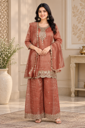 10348EM Premium Salsa Fabric Embroidered Sharara Suit Set with Designer Dupatta 10348EM-458-ORG