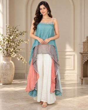 AA1 Premium Chinon Satin F.A. Palazzo Set – Multicolor Layered Designer Outfit AA1-23-L SKY
