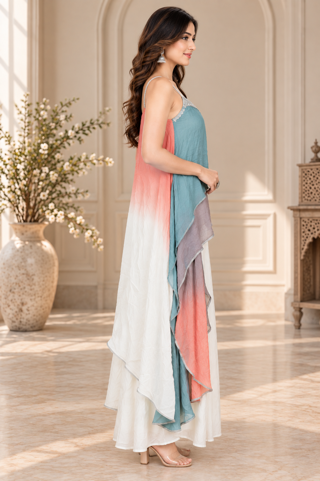 AA1 Premium Chinon Satin F.A. Palazzo Set – Multicolor Layered Designer Outfit AA1-23-L SKY - Image 2