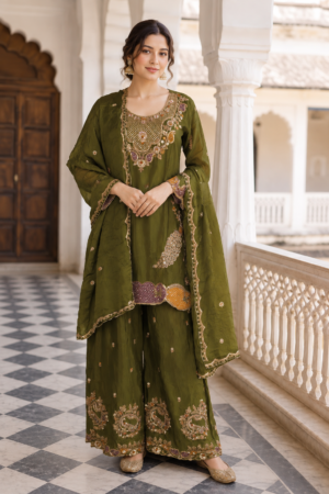 G1109EM Premium Airjet Chinon Embroidered Sharara Suit Set with Designer Dupatta G1109EM-449-GRN