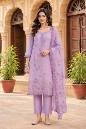 1323CEM Mul Chanderi Embroidery Suit – Premium Elegant Ethnic Wear for Women 1323CEM-454-LAV
