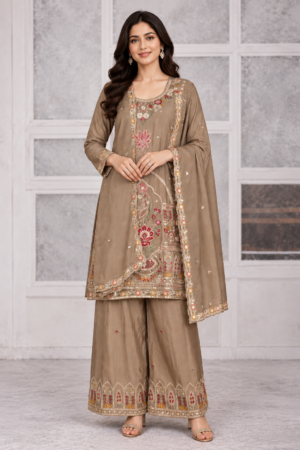 10459EM Premium Vichitra Wrinkle Embroidered Palazzo Suit Set with Designer Dupatta 10459EM-458-BWN