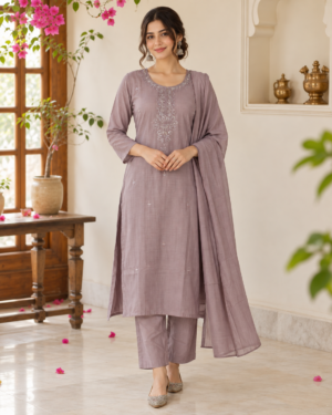 ISH07EM Elegant Mul Chanderi Embroidered Suit Set for Women ISH07EM-449-LAV