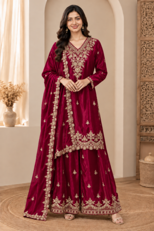 10353EM Viscose Simmer Jacquard Palazzo Set – Premium Embroidered Festive Wear for Women 10353EM-458-RNI