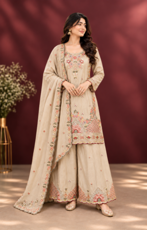 10457EM Vichitra Wrinkle Embroidered Palazzo Set – Premium Designer Ethnic Wear for Women 10457EM-458-FWN