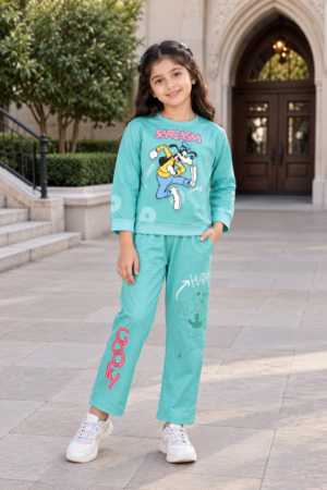 4343PR Girls’ Trendy Lycra Cotton Graphic Co-Ord Set 4343PR-268-L GRN