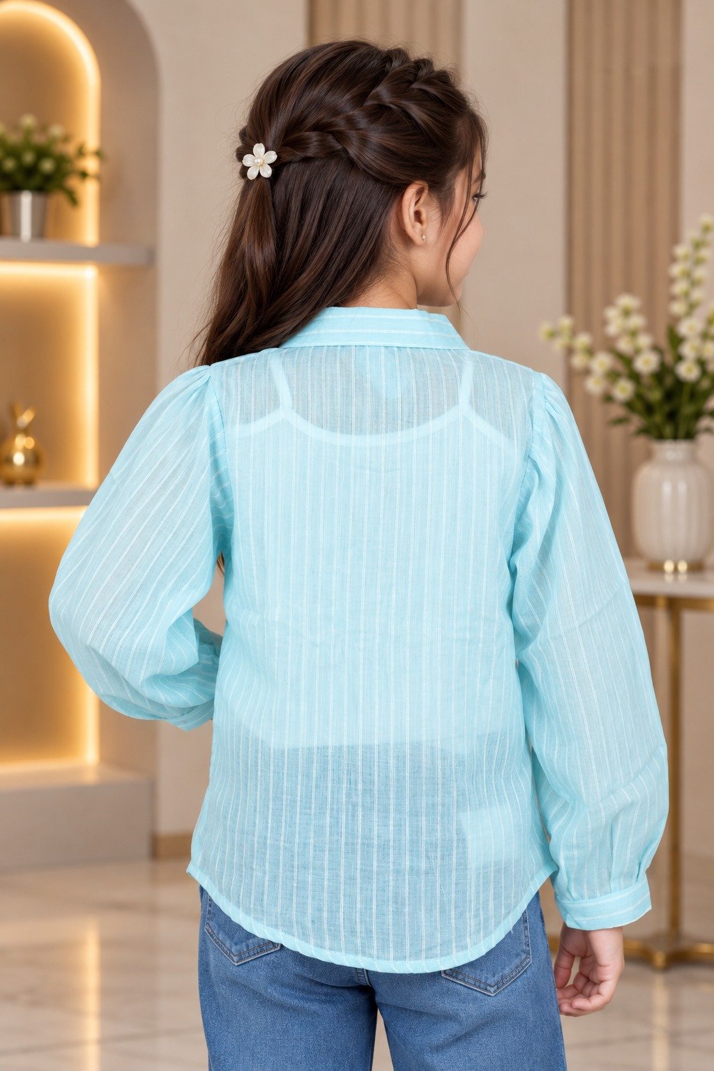 SG74PL Girls Sky Blue Floral Embellished Sheer Shirt – Premium Imported Fabric SG74PL-447-SKY - Image 3