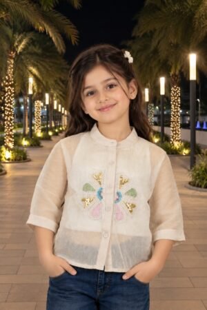 SG72EM Girls Ivory Butterfly Embellished Imported Fabric Button-Down Top SG72EM-447-CRM