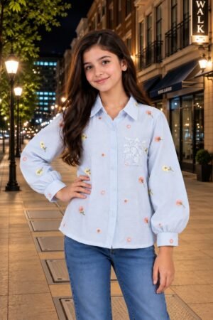 SG85EM Girls Sky Blue Floral Embroidered Button-Down Shirt – Premium Imported Fabric SG85EM-447-SKY