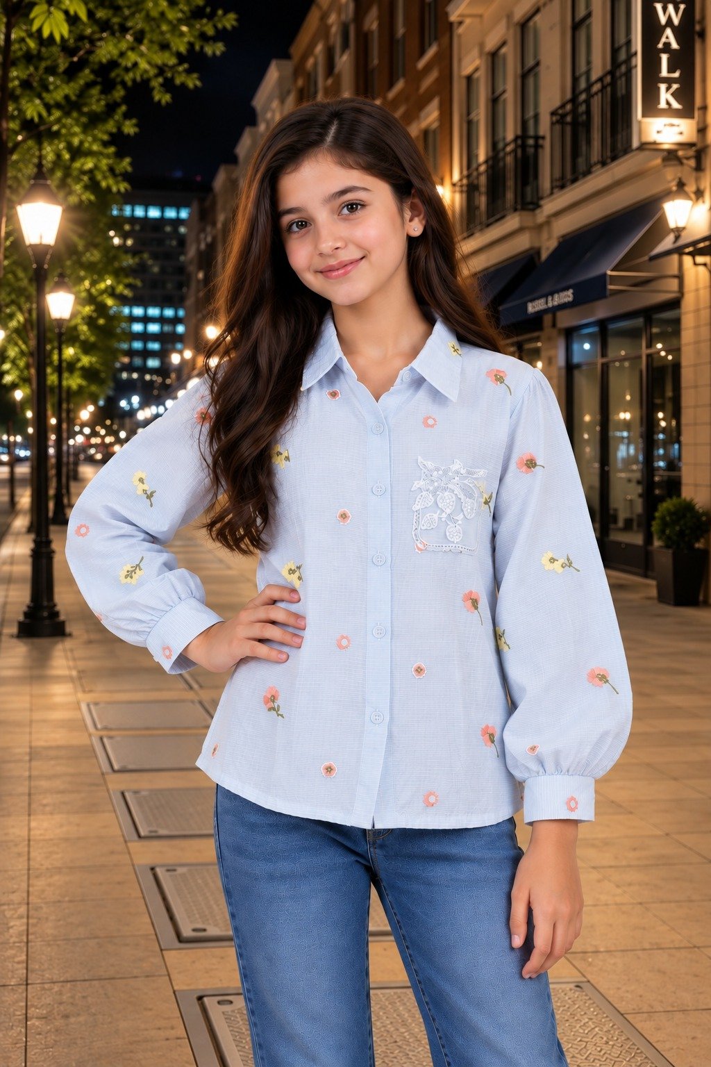 SG85EM Girls Sky Blue Floral Embroidered Button-Down Shirt – Premium Imported Fabric SG85EM-447-SKY