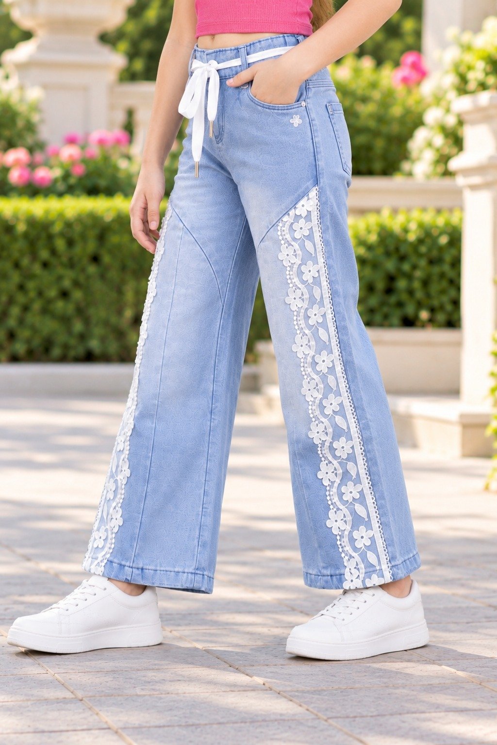 25689PL Girls’ Light Blue Straight-Fit Denim Pants – Imported Fabric with White Floral Lace & Tie-Up Waist 25689PL-30-L BLU - Image 2