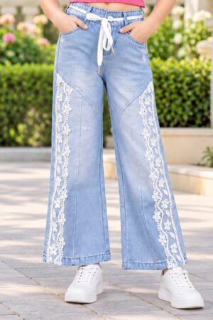 25689PL Girls’ Light Blue Straight-Fit Denim Pants – Imported Fabric with White Floral Lace & Tie-Up Waist 25689PL-30-L BLU