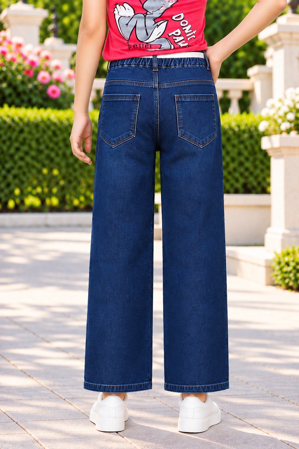25689PL Girls’ Dark Blue Straight-Fit Denim Pants – Imported Fabric with White Floral Lace & Tie-Up Waist 25689PL-30-D BLU - Image 4