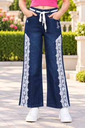 25689PL Girls’ Dark Blue Straight-Fit Denim Pants – Imported Fabric with White Floral Lace & Tie-Up Waist 25689PL-30-D BLU