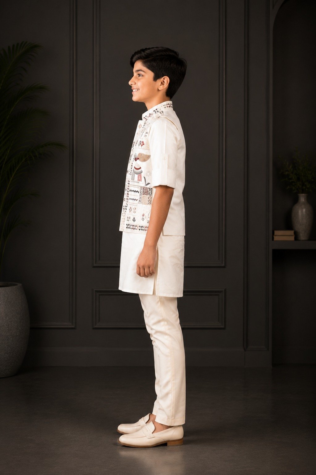 2677 Boys’ Ivory White Imported Fabric Designer Printed Kurta Koti Set with Matching Pants for Wedding and Festive Wear 2677-366-CRM - Image 3