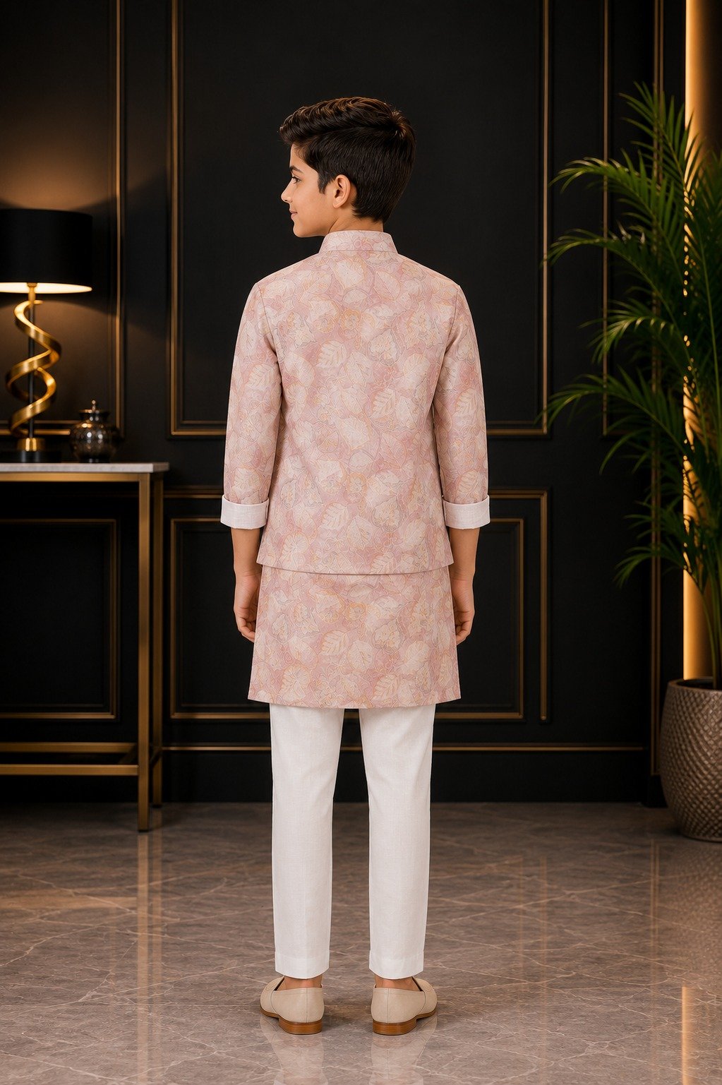 2645 Boys’ Pastel Pink Kurta Pajama Set with Designer Embroidered Nehru Jacket & White Straight-Fit Pajama – Imported Fabric 2645-366-PCH - Image 4