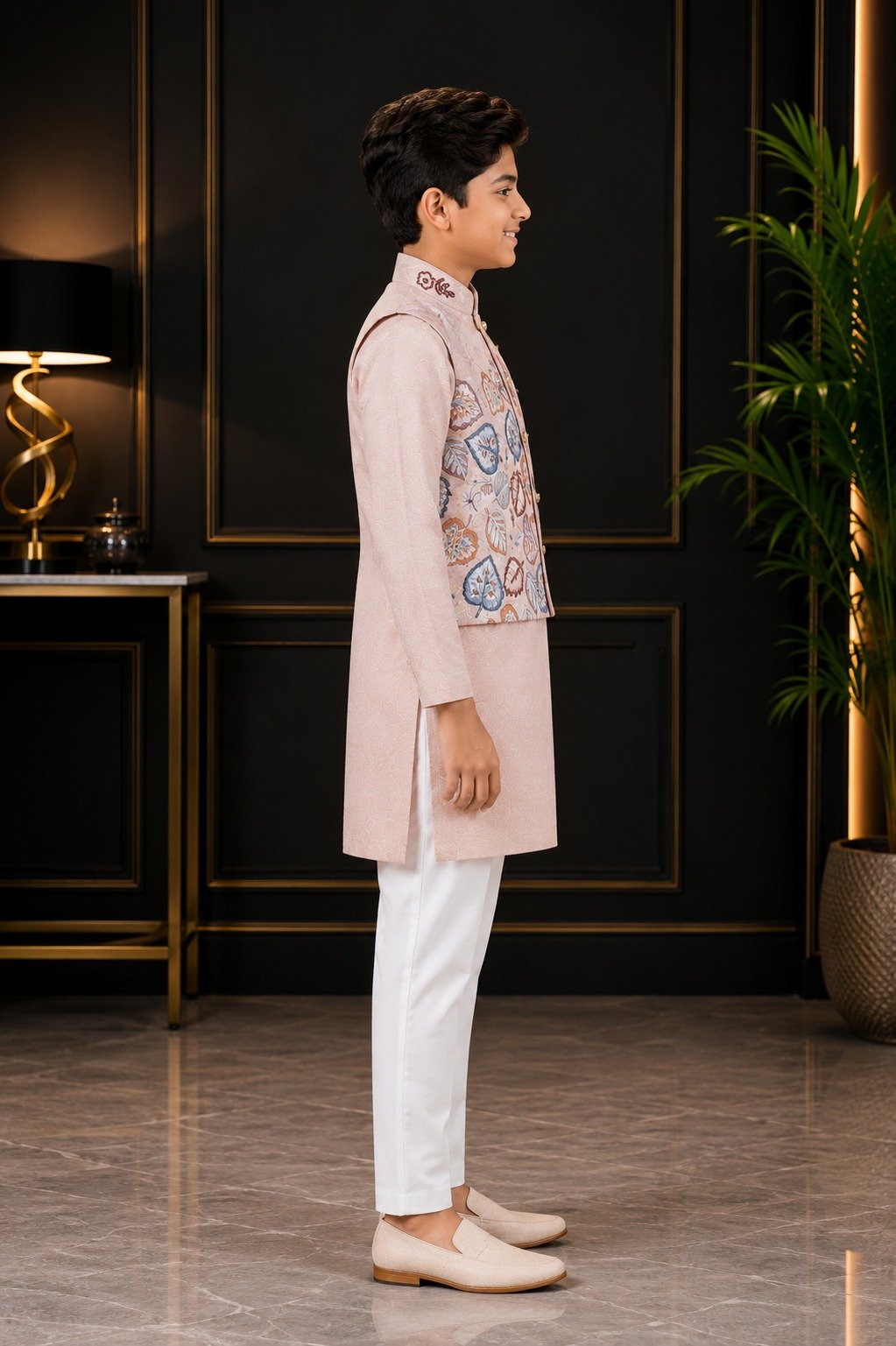 2645 Boys’ Pastel Pink Kurta Pajama Set with Designer Embroidered Nehru Jacket & White Straight-Fit Pajama – Imported Fabric 2645-366-PCH - Image 2