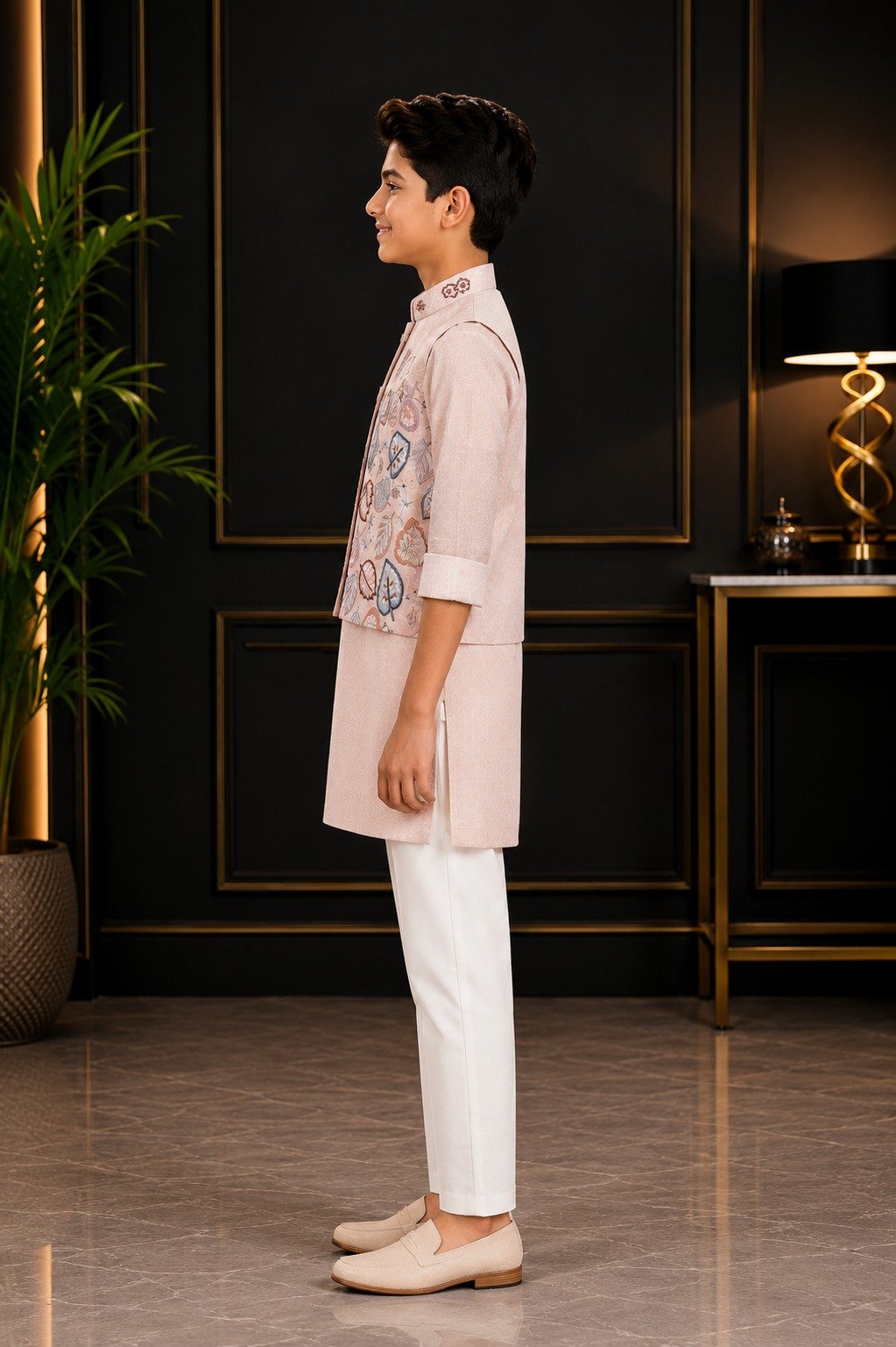2645 Boys’ Pastel Pink Kurta Pajama Set with Designer Embroidered Nehru Jacket & White Straight-Fit Pajama – Imported Fabric 2645-366-PCH - Image 3