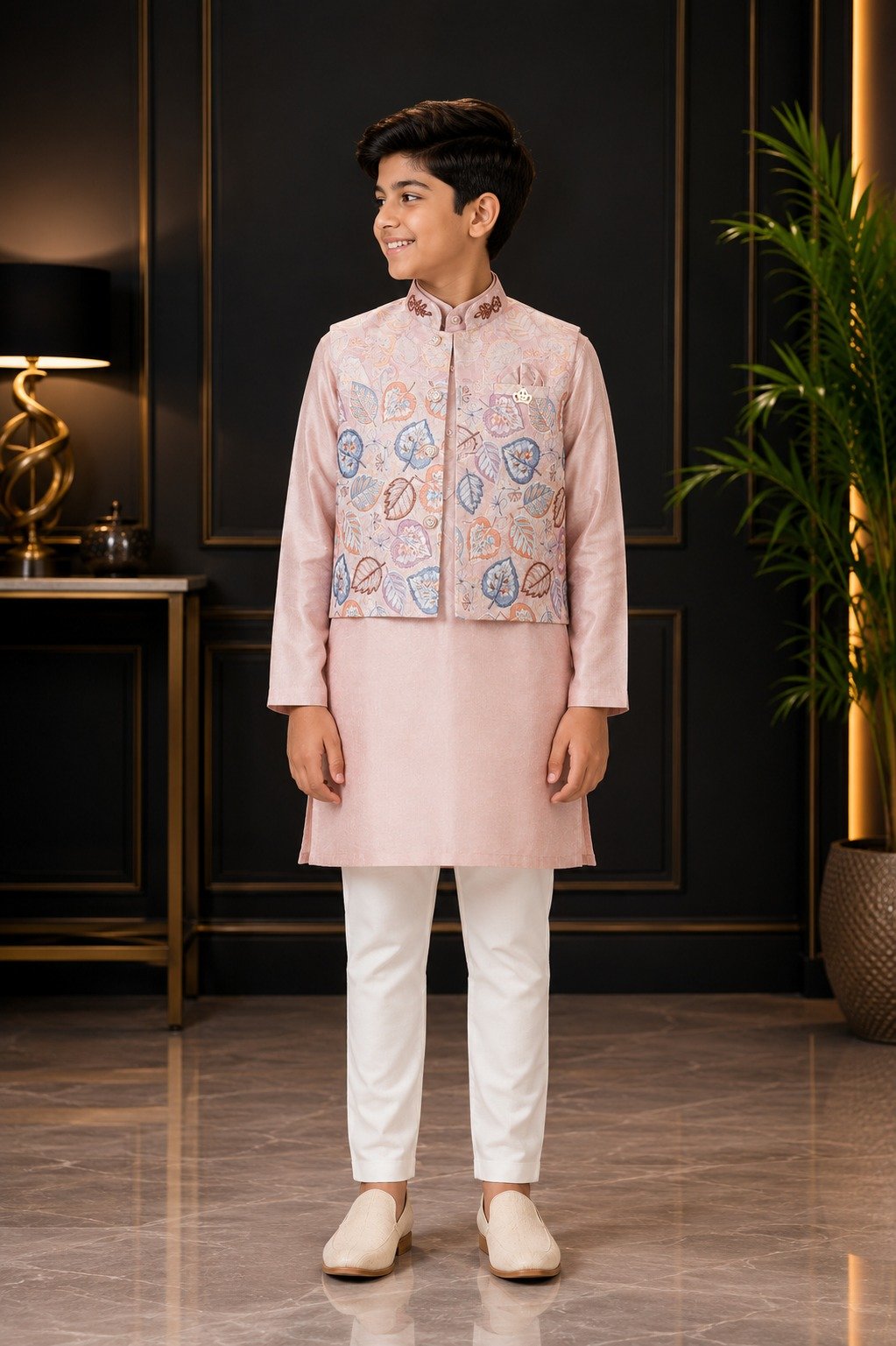 2645 Boys’ Pastel Pink Kurta Pajama Set with Designer Embroidered Nehru Jacket & White Straight-Fit Pajama – Imported Fabric 2645-366-PCH