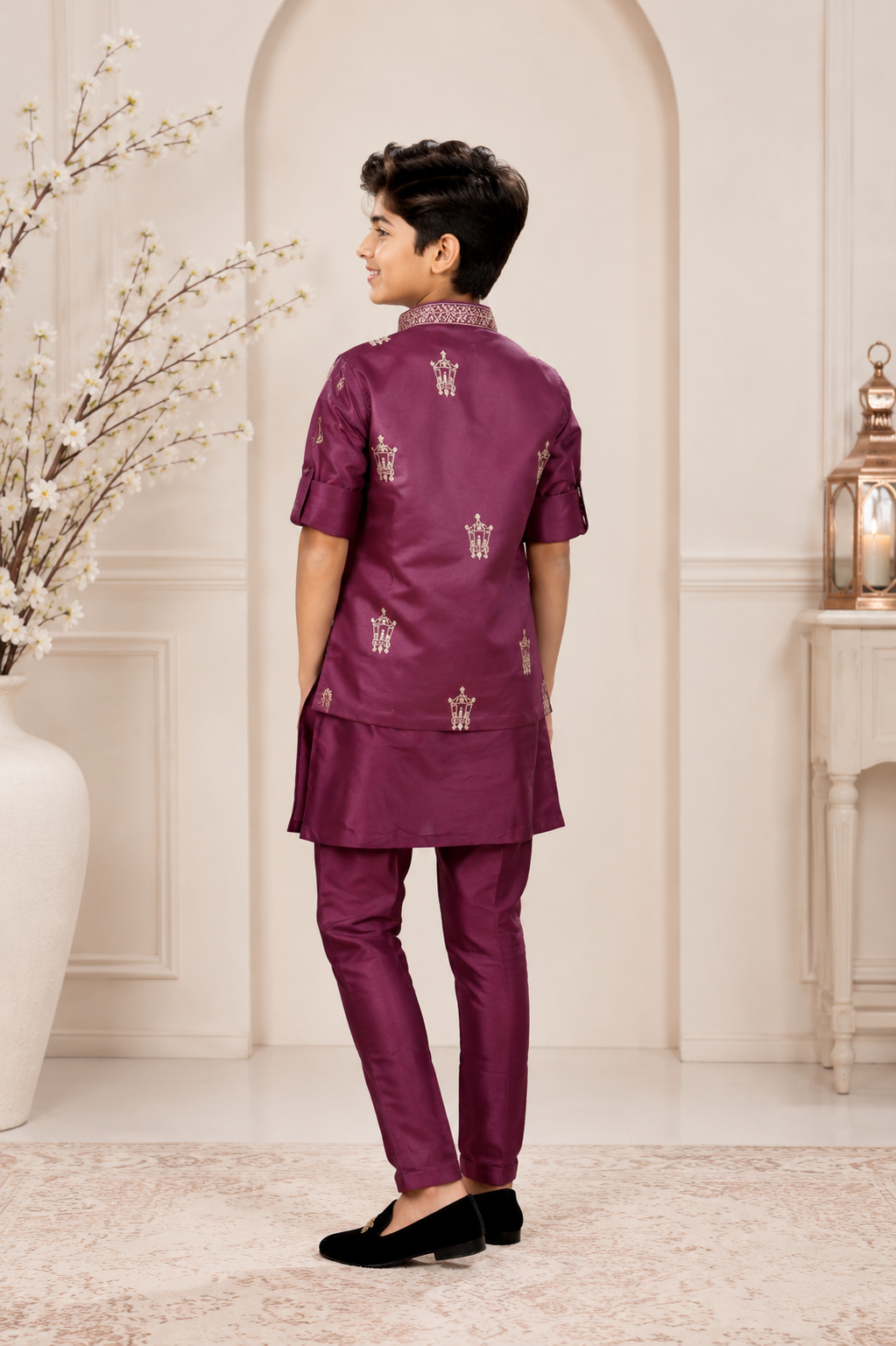 2617 Boys’ Wine Maroon Imported Fabric Floral Designer Kurta Koti Set with Matching Pants for Wedding and Festive Wear 2617-366-ONN - Image 3