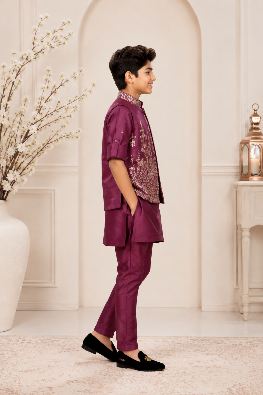 2617 Boys’ Wine Maroon Imported Fabric Floral Designer Kurta Koti Set with Matching Pants for Wedding and Festive Wear 2617-366-ONN - Image 4