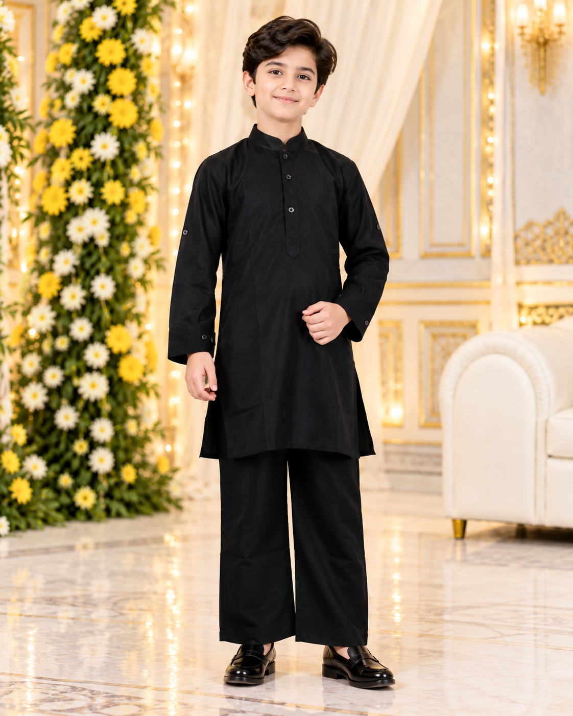 1984EM Boys’ Premium Black & Gold Embroidered Kurta Koti Set with Royal Designer Ethnic Styling 1984EM-468-BLK - Image 2