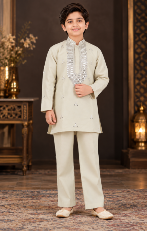 1938EM Boys’ Premium Ivory Cream Embroidered Kurta Pajama Set with Elegant Traditional Design 1938EM-468-PST