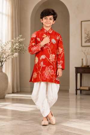 1763EM Boys’ Premium Red Floral Printed Kurta with White Dhoti-Style Pajama Set – Imported Fabric 1763EM-468-ORG
