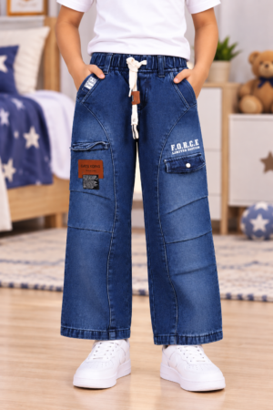 12262PL Boys’ Premium Blue Baggy Denim Jeans with Utility Pockets & Drawstring Waist 12262PL-235-D BLU