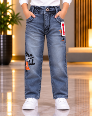 189PL Boys’ Grey Straight-Fit Denim Jeans – Premium Washed Denim | Graphic Detail Casual Pants 189PL-277-BLU