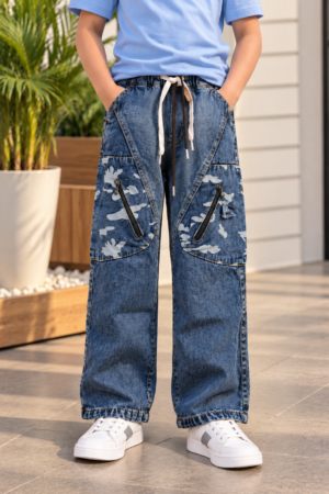 12251PL Boys’ Premium Blue Baggy Denim Jeans with Camouflage Utility Pockets & Drawstring Waist 12251PL-235-TINT