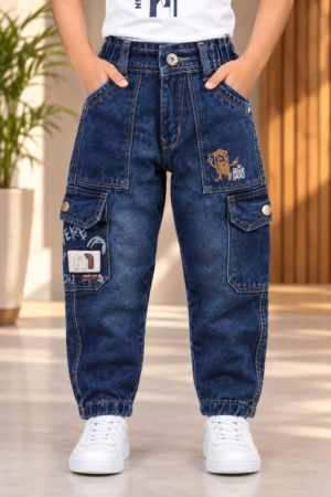254PL Boys’ Dark Blue Balloon-Fit Denim Cargo Jeans – Premium Denim | Multi-Pocket Graphic Utility Pants 254PL-277-D BLU