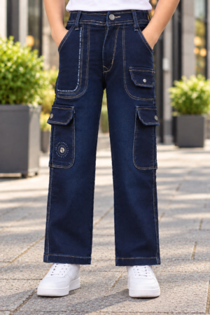 345PL Boys’ Premium Dark Blue Straight Cargo Denim Jeans – Multi-Pocket Utility Style Pants 345PL-277-D BLU