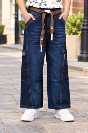 7983PL Boys’ Premium Dark Blue Loose-Fit Denim Jeans with Drawstring Waist & Utility Detailing 7983PL-294-D BLU