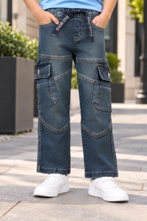 6203PL Boys’ Premium Dark Blue Straight-Fit Cargo Denim Jeans with Multi-Pocket Utility Design 6203PL-294-L GRN